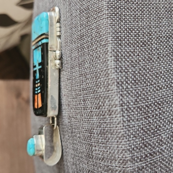 Amazing Handmade Native American Navajo Inlaid Pendant by Ray Jack 💙🖤🩵 - Picture 4 of 16